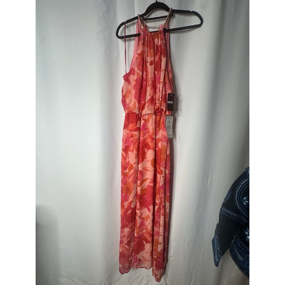 MSK Floral Halter Maxi Dress Sz 14 NWT Gold Strap Neckline Pull‑On No Zip